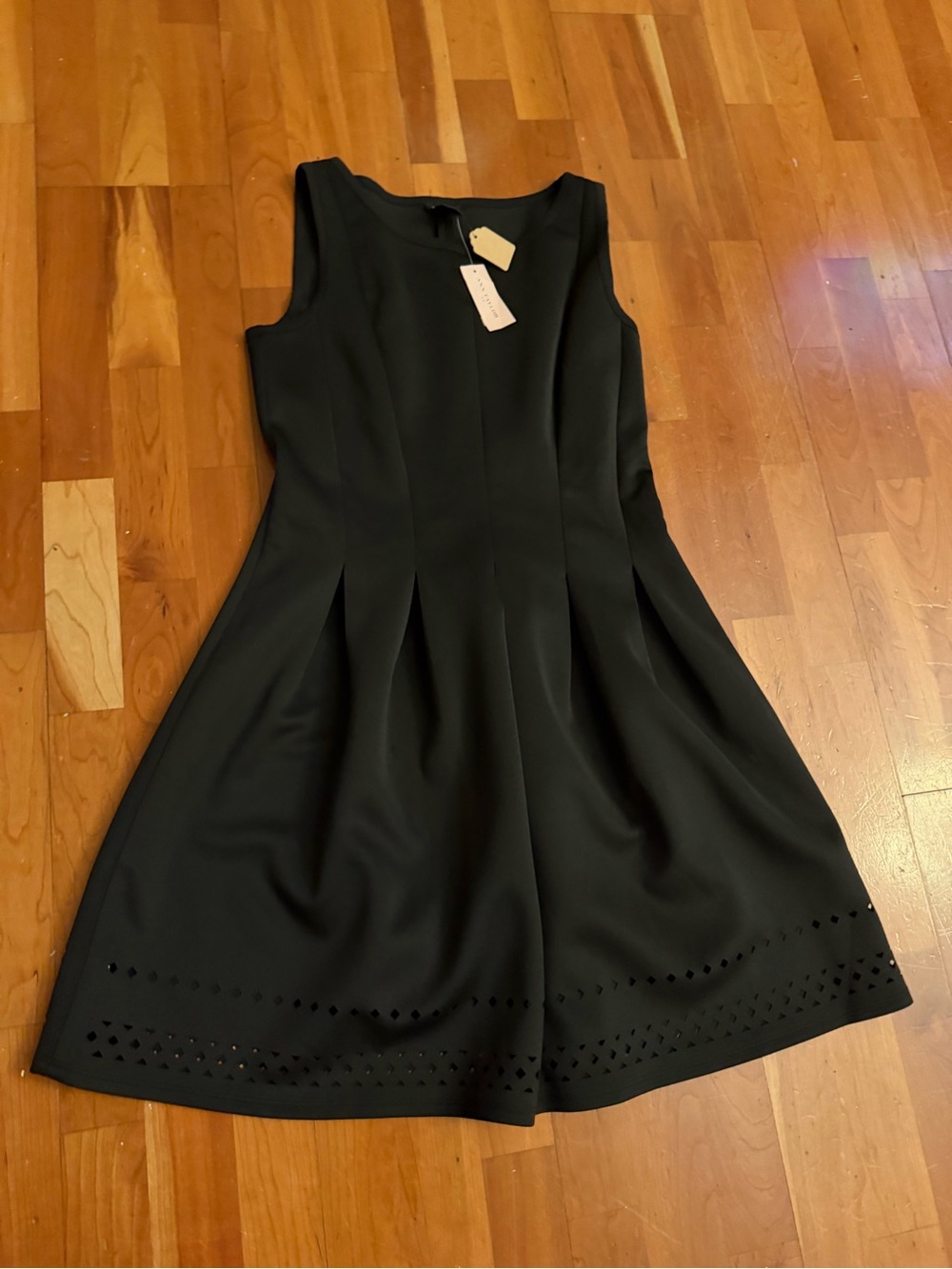 Ann Taylor Petite Black Sleeveless Fit-and-Flare Dress with Laser-Cut Hem